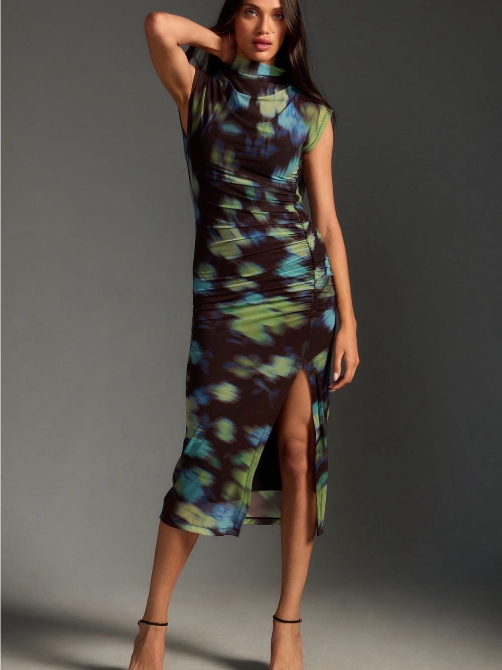 Anthropologie Maya ruched mesh Dress with Blue & Green Abstract Print